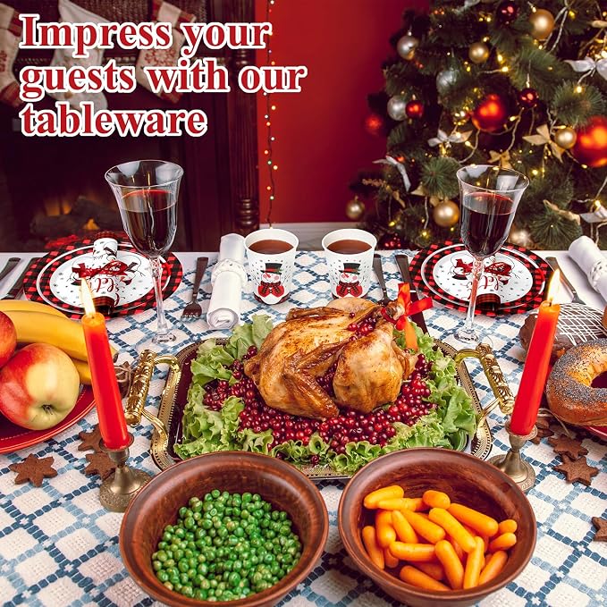 Funnymoom 250 Pcs Winter Snowman Paper Plates and Napkins Party Supplies Red Black Buffalo Plaid Winter Disposable Tableware Set for Christmas Holiday Party Decoration