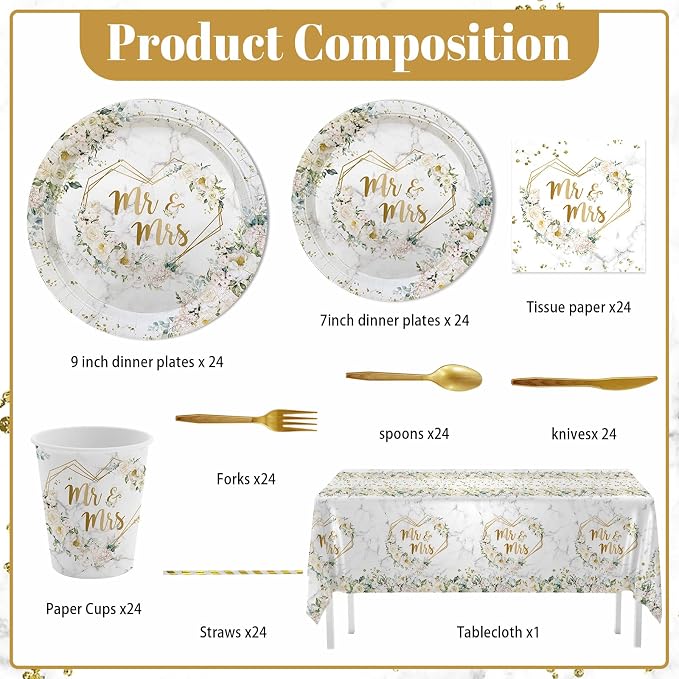 MEHOFOND 193 pcs White Wedding Party Decorations, Mr and Mrs Paper Plates Cup and Nakpins Set, 7x5ft Mr and Mrs Floral Backdrop for Bridal Shower White Flowers Gold Dots Glitter Photography Bac
