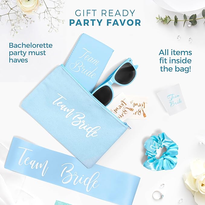 56 Piece Bachelorette Party Favors Kit – Bridesmaid Proposal Gifts & Bride-to-Be Accessories | Team Bride Decorations, Sashes, Sunglasses, Cups & More (Blue 7 Pack, 56)