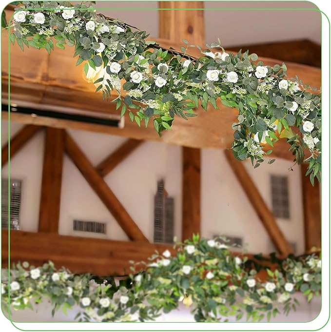 2 Pack Garland Set, 6 ft Artificial White Rose Eucalyptus Garland with Willow Leaf Vine, Summer Garland Faux Greenery Decor for Wedding Arch, Table and Home Decoration