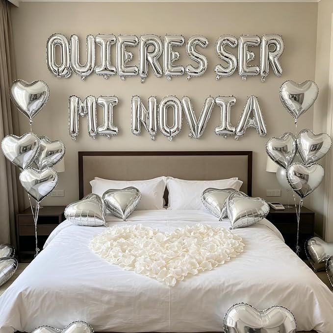 QUIERES SER MI NOVIA 2 Set Balloons - 34pcs 16" Letter, 10pcs 18" Heart, Alphabet Foil Mylar for Valentines Day Decorations with 1200pcs Cream White Artificial Rose Petals
