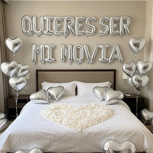 QUIERES SER MI NOVIA 2 Set Balloons - 34pcs 16" Letter, 10pcs 18" Heart, Alphabet Foil Mylar for Valentines Day Decorations with 1200pcs Cream White Artificial Rose Petals