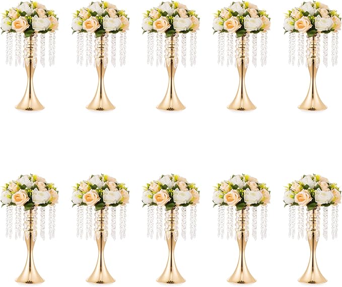 Gold Vase Stand Table: 13.8in Wedding Centerpieces, Set of 10 | High End Crystal Design Vase Stand for Wedding Party Reception Birthday Event Home, Tall Table Center Piece