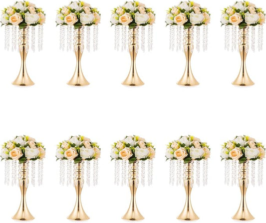 Gold Vase Stand Table: 13.8in Wedding Centerpieces, Set of 10 | High End Crystal Design Vase Stand for Wedding Party Reception Birthday Event Home, Tall Table Center Piece