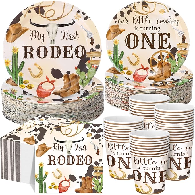 Pickmesh 250 Pcs My First Rodeo Party Decorations Wild West Cowboy Disposable Tableware Set My First Rodeo Paper Plates Napkins Cups for 1st Birthday Western Cowboy Themed Party Decorations Serve 50