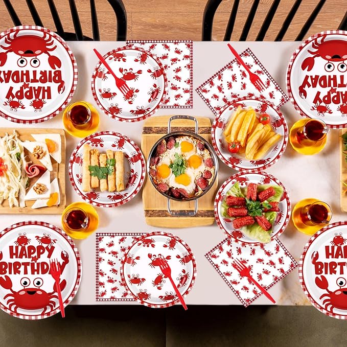 Grencian 96PCS Crab Birthday Party Decorations Crab Plates and Napkins Disposable Crabs Paper Tableware Set for Baby Shower Picnic BBQ Crabs Seafood Boil Birthday Party Supplies, Serves 24