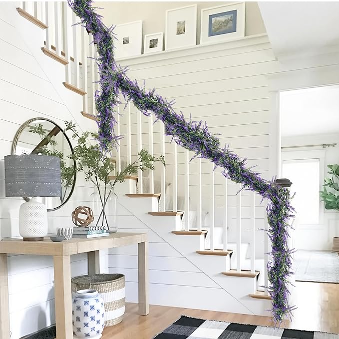 Zerzsy Lavender Purple Artificial Garland, 6Ft Artificial Flower Wreath Vines Decor, All Year Lavender Garlands Decorations for Table Home Wedding Mantle Arch Porch Party (1pcs-Purple)