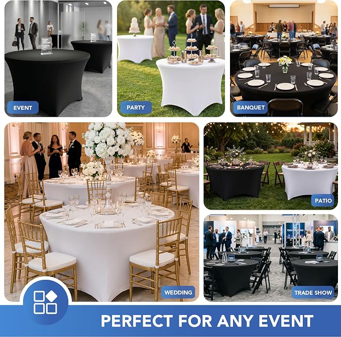 Fitted Table Cloth Round Cover 6ft-Spandex Elastic Table Covers 6 Pack 72 Inch-White Small Stretch Folding Tablecloth for Weddings Banquets Restaurant Event Parties Vendor Stand Tables