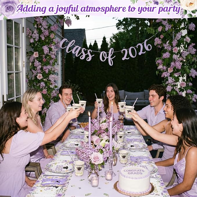 Funnymoom 452 Pcs Purple Floral Graduation Decoration Girl for 50 Guests, Class of 2026 Floral Graduation Paper Plates Napkins Cups Tablecloth Cutlery Straws for 2026 Congrats Grad Party Supplies