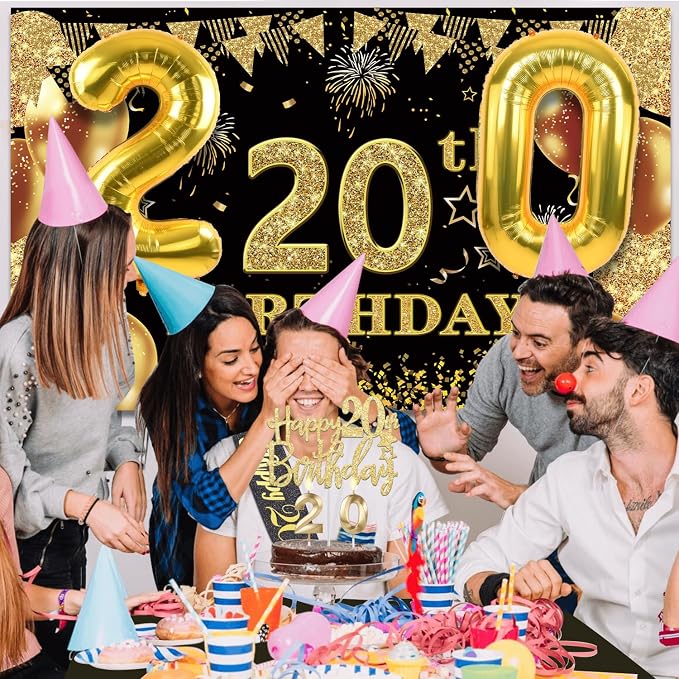 20th Birthday Decorations for Him Her with Banner, Black and Gold Table Cloth, Number Balloons, Large 20th Birthday Sash, Cake Topper and Candles