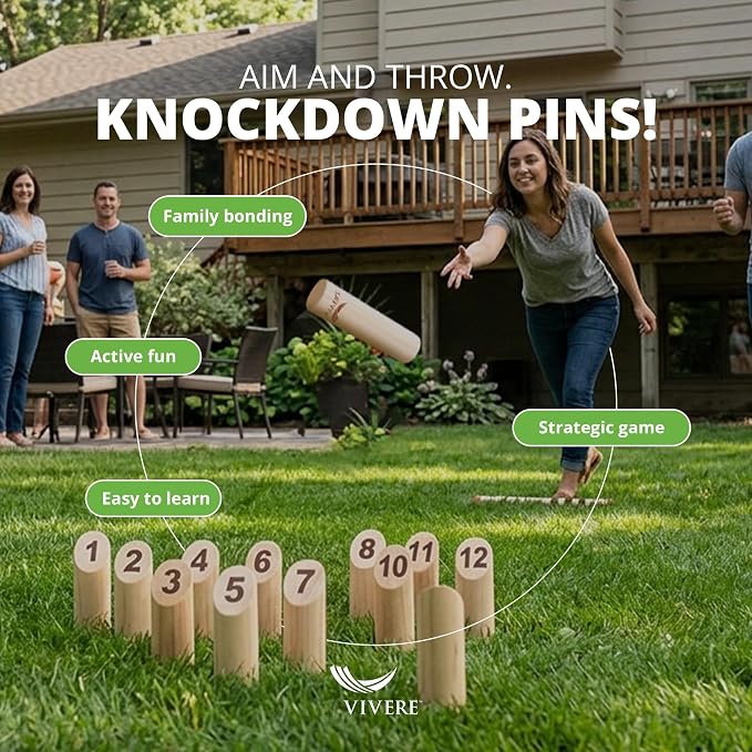 Vivere Viking Throw Tournament Edition, Outdoor Bowling Game Set for Kids & Adults with 12 Pins, Baton & Carry Bag for Backyard, Beach & Lawn Play