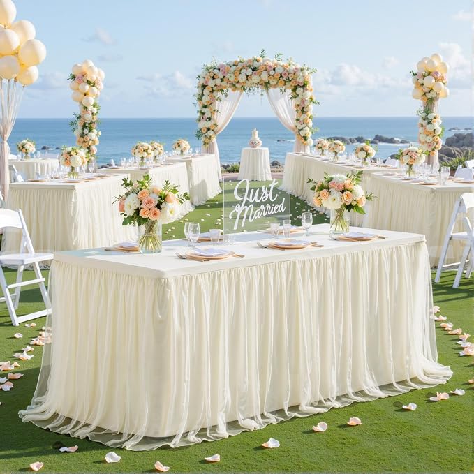 HB HBB MAGIC Ivory Table Cloth Spandex Table Covers 8ft Fitted Tulle Tablecloth Rectangular Desk Skirt Stretch Cream Table Cloths Covers Party Banquet Birthday Baby Shower Wedding Table Cloth, 2 Pack