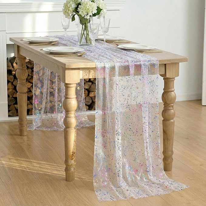 Artoid Mode Colorful Gold Gauze Table Runner 59x120 Inch 10FT, Glitter Metallic Foil Sheer Dining Wedding Anniversary Holiday Birthday Table Decor for Home Party