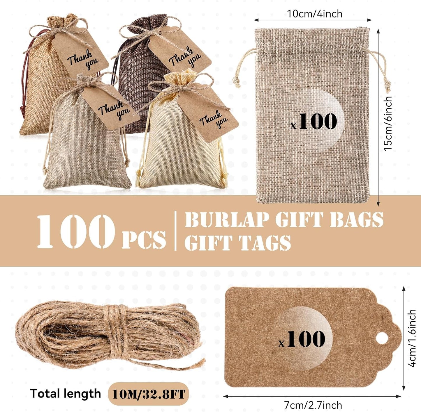 Woanger 100 Pcs Burlap Gift Bags with 100 Pcs Kraft Paper Gift Tags with Drawstring Favor Bulk Burlap Sack Bags for DIY Wedding Party Craft (4 x 6 Inch,Hemp, Beige, Medium Brown, Dark Brown)