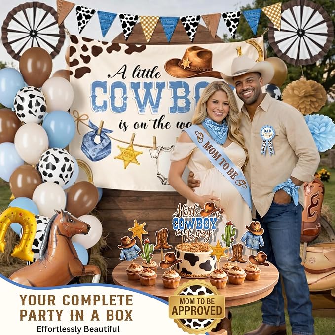 Premium Cowboy Baby Shower Decorations for Boy, A Little Cowboy is on the Way Decorations, Western Baby Shower Decor with Backdrop, Balloons, Banner, Table Decor, Sash, Photo Props, and More