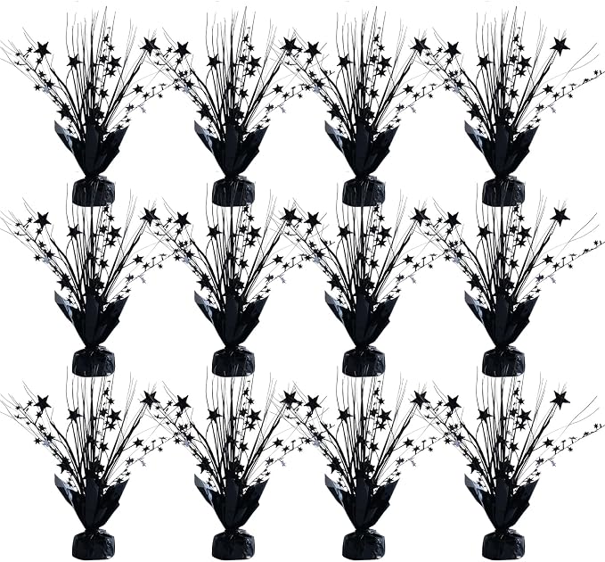 12 Pack Metallic Black Color Foil Star Brust Table Centerpices for Halloween, Holiday Party Decor Metallic Star Spray Balloon Weights for Halloween Party, Table Decor for Party