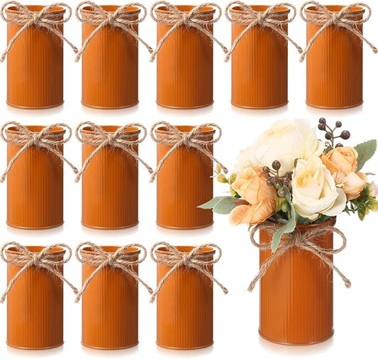 Rustic Vase for Table Centerpieces 4.33 Inch Small Petite Flower Vase with Twine Bow Vintage Farmhouse Decor for Wedding Reception Dining, Home Galvanized Metal Buckets(Dark Amber,12 Pcs)
