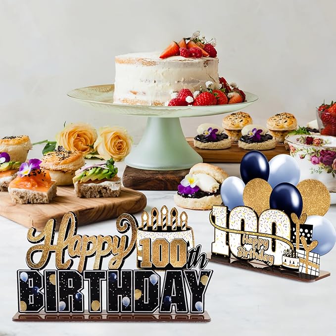 LINGTEER Happy 100th Birthday Gold Acrylic Table Topper Centerpieces Set - Cheers to 100 Years Old Birthday 100th Bday Party Gift Decorations.
