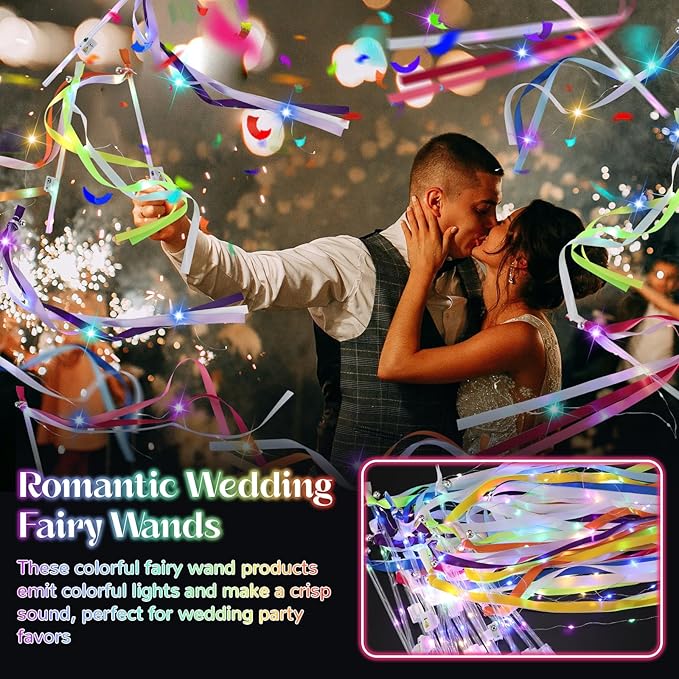 100 PCS Light Up Wands for Wedding, Wedding Favors with 3 Colorful Flashing Modes, Fairy Wands with Colorful ribbons, Lace and Bells for Wedding, New Year, Raves, Concert, Birthday