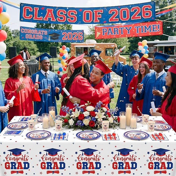 Funnymoom 452 Pcs Class of 2026 Red White Blue Graduation Party Decoration for 50, Red Blue Graduation Paper Plates Napkins Cups Tablecloth Cutlery Straw for College School Congrats Grad Party Supply