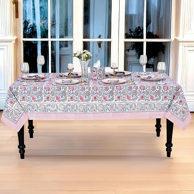 Ridhi Pigeon Blue and Flamingo Pink Hand Block Print Cotton Rectangle Tablecloth 90" x 60" inches Reusable Table Cover Decorative Everyday Use for Dining Room, Farmhouse, Gift Spring, Mother's Day