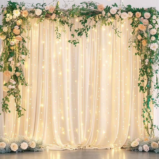 10x10ft Champagne Backdrop Curtains with Lights Photo Drapes Wrinkle Free Fabric Backdrop Curtain for Wedding Birthday Party Baby Shower Shoot Bridal Shower Home Party Background Decorations