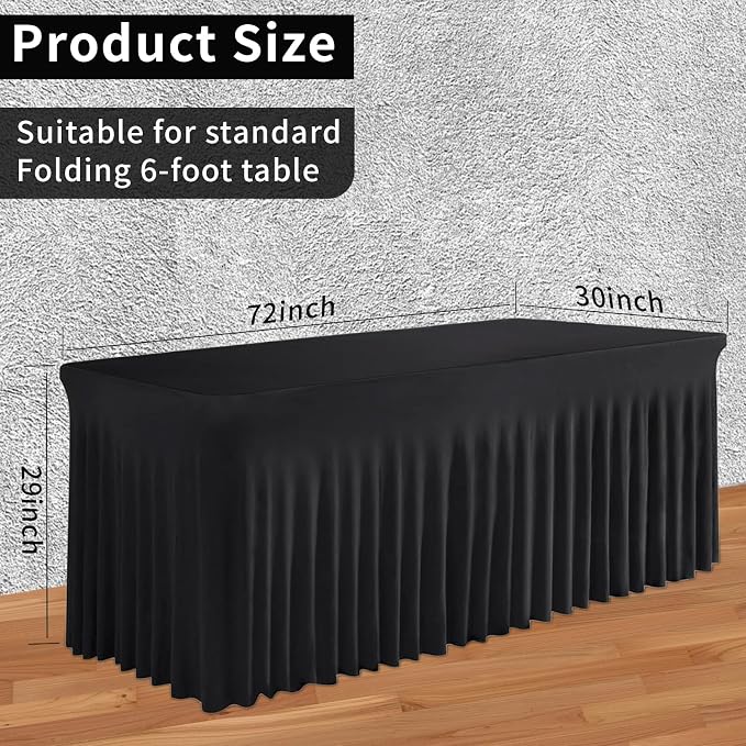 3 Pack Black Table Skirt, Wrinkle-Free Spandex Table Covers 6ft, Elastic Fitted Washable Tablecloth for Rectangle Tables for Wedding, Banquet, Party, Events