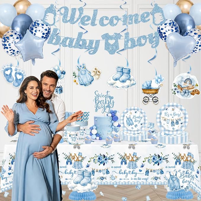 Blue Baby Boy Shower Decorations,224PCS Disposable Plates Napkins Set,Banner, Hanging Swirls, Centerpieces,Cake Topper,Tablecloth,Baby Shower Decorations for Boy Serves 24