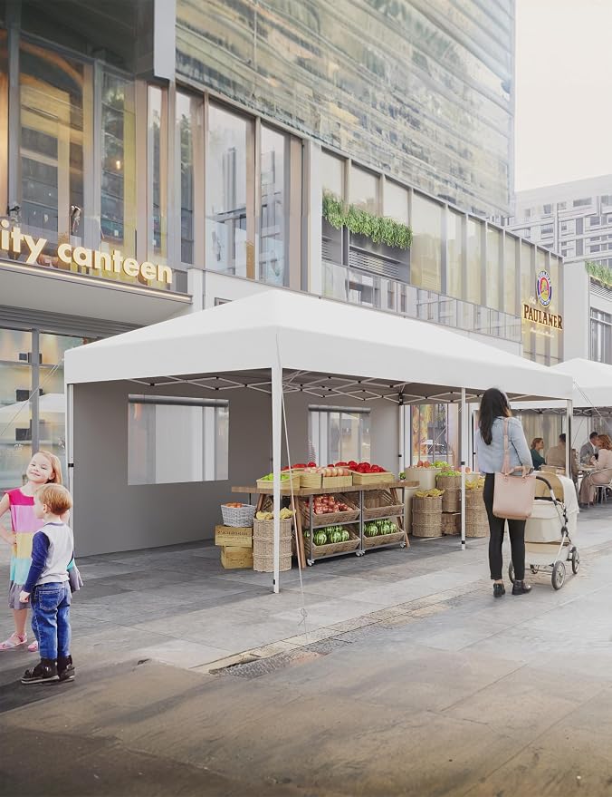 10'x 20' Pop up Canopy Tent, Instant Easy Setup Commercial Canopy Tent with 2Pcs Sidewalls, 12 Stakes & 6 Sandbags, Portable Outdoor Tent for Farmers' Market, Wedding, Patio, Party, Event-White