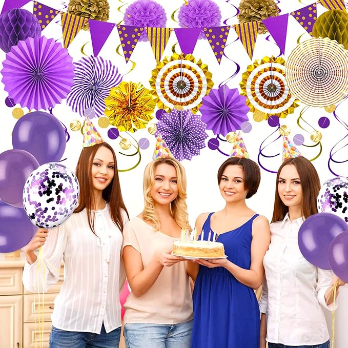 Purple Gold Party Decorations, Graduation Season Hanging Glitter Triangle Flags Banner Paper Fan Tissue Pom Poms Garlands, Women Girl Party, Bridal Shower, Purple Themed Birthday
