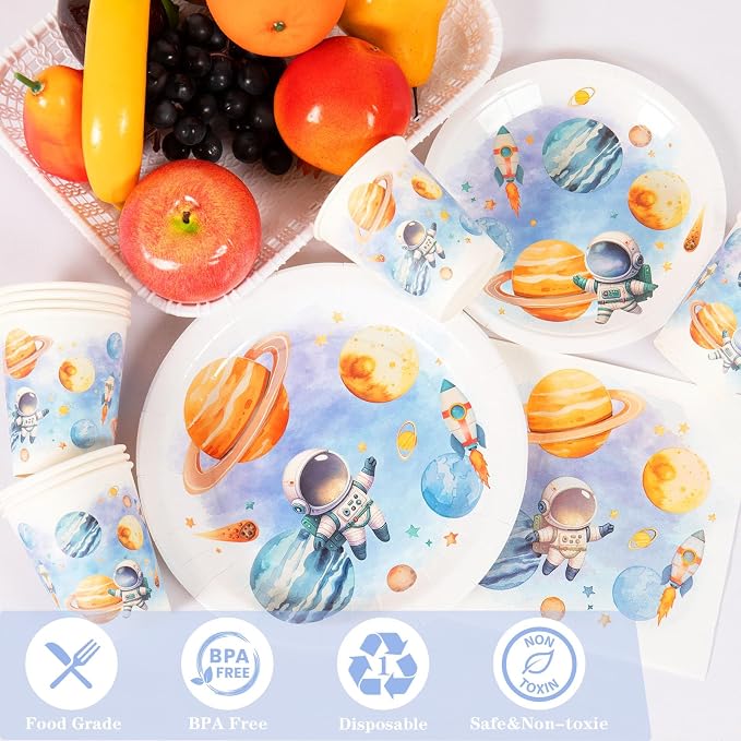 Space Themed Birthday Party Decorations Outer Space Paper Plates Napkins Cups Party Supplies Planets Astronaut First Trip Around The Sun Tableware Set for 25 Guests