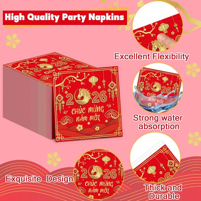 96Pcs Vietnamese New Year Party Decorations Vietnamese Horse Themed New Year Plates and Napkins 2026 Red Gold Horse Tableware Dinnerware Party Supplies for Spring Festival Lunar Decor Serves 24 Guests