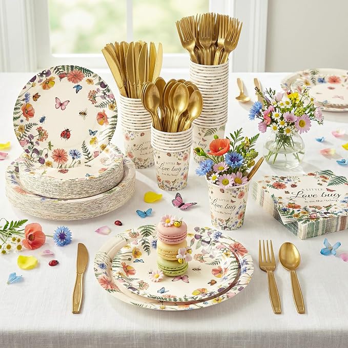 Ziliny 350 Pcs Love Bug Baby Shower Decoration Wildflower Baby Shower Paper Plates Napkins Tableware for Gender Reveal Newborn Party Serves 50 Guests