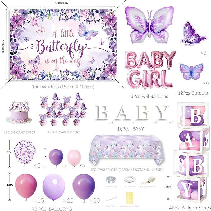 Purple Butterfly Baby Shower Decorations for Girl - Lavender Pink Party Supplies Include Balloon Garland Arch, Backdrop, Table Cover, 4 Boxes, Foil Balloons - A Little Butterfly is on the Way