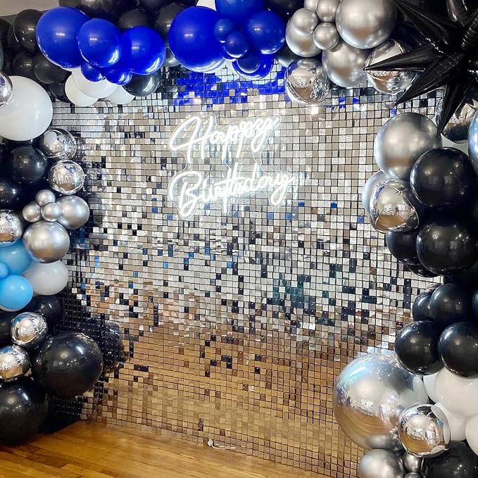 COKAOBE Silver Shimmer Wall Backdrop, 48PCS Square Sequin Shimmer Backdrop Panel, Photo Backdrops for Birthday, Anniversary, Wedding, Graduation & Bachelorette Party Decoration