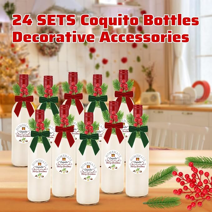 121 Pcs Christmas Coquito Wine Bottle Label Stickers Set,24Coquit Label Stickers 24 Velvet Bows 48 Pine Branches and Berry Stems for DIY Craft Xmas Party Dinner Table Decoration (No Wine Bottle)