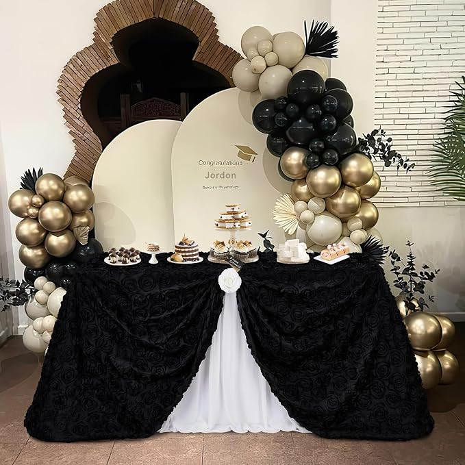 Fanqisi Rosette Tablecloth Black 90x156 Inches Rectangular 3D Floral Satin Rosette Fabric Table Cover Grandiose Wedding Party Baby Shower Decorations