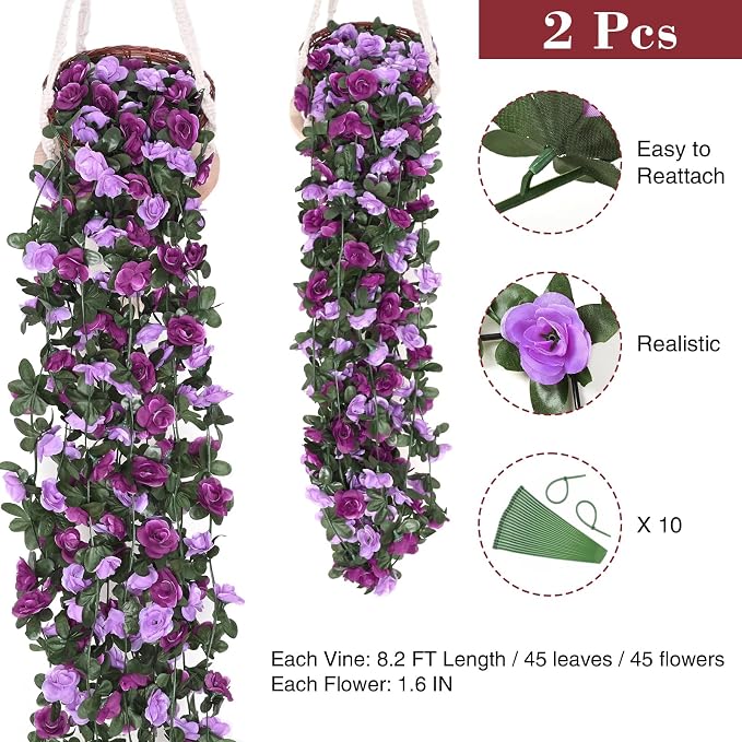BLEUM CADE 2Pcs 16.4Ft Flower Garland Artificial Rose Vines for Bedroom, Cute Fake Hanging Flower Vines Floral Garland Decorations for Wedding Party Wall Room Decor Aesthetic