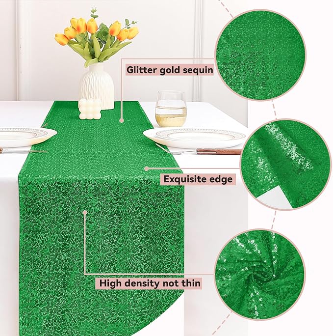 Sugargirl 10 Packs 12 x 72 inches Sequin Table Runner, Glitter Grass Green Table Runner for Birthday Party Supplies Wedding Holiday Celebration Event Decorations