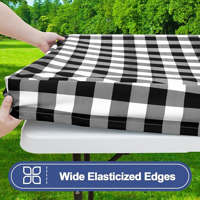 Smiry Picnic Table Cloth 4 Pack, Waterproof Elastic Fitted Tablecloths for 6FT Rectangle Tables, Washable Polyester Buffalo Plaid Tablecloth for Camping, Dining & Outdoor (Black & White, 30" x 72")
