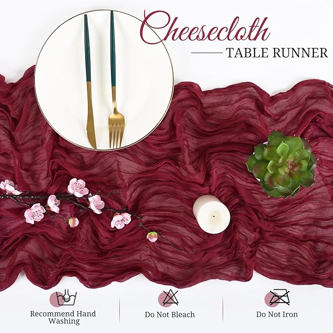 8 Pack Cheesecloth Boho Gauze 35120 Inch Rustic Romantic Long Table Runner for Wedding Party Bridal Shower Thanksgiving Christmas Decoration (Burgundy)