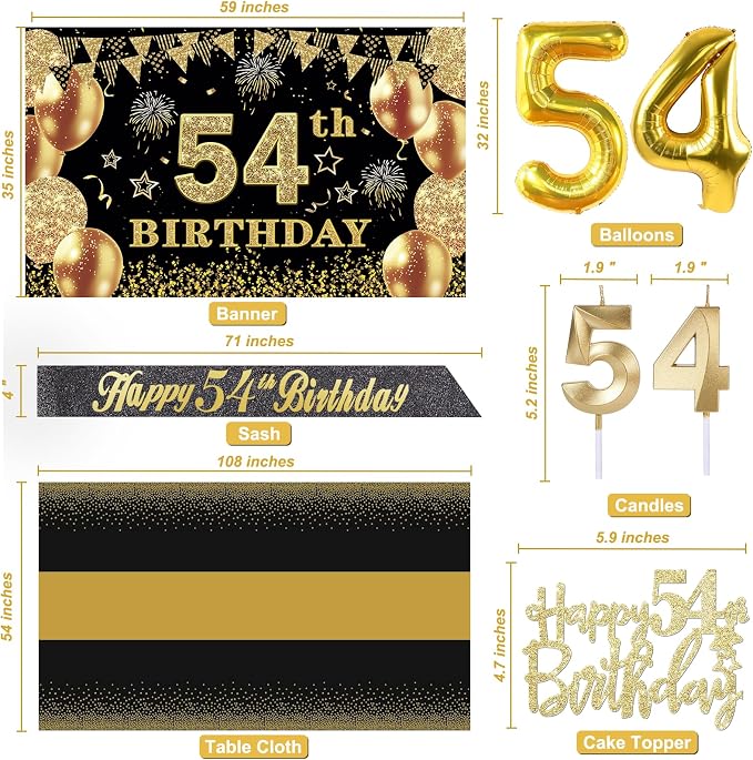 54th Birthday Decorations Men Women with 54th Birthday Banner, Black and Gold Table Cloth, Number Balloons, Large Sash, Cake Topper and Candles