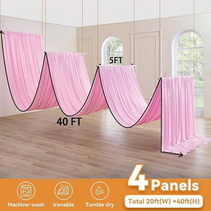 4 Panels 5x40ft Pink Ceiling Drapes for Wedding Parties, Wrinkle Free Thick Polyester 40ft Extra Long Wedding Draping Pink Ceiling Curtains Arch Drapery for Birthday Party Canopy Tent Decor