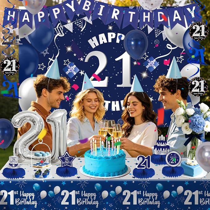 Happy 21st Birthday Decorations for Him Her, Dark Blue Silver 21 Birthday Party Supplies with Backdrop Banner 32 In Foil Number 21 Balloons Honeycomb Centerpieces for 21 Years Old Birthday Decor