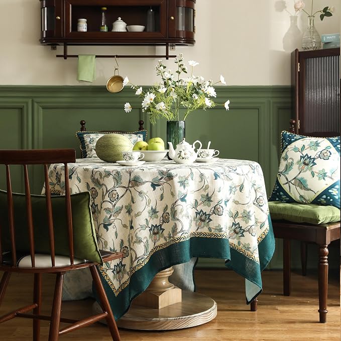 patdrea Vintage French Linen Tablecloth,Square,55"x55"-Noah | Heavyweight Floral Table Cloth for Square Table,Botanical Green Pattern,for Dining Room Tea Party Thanksgiving