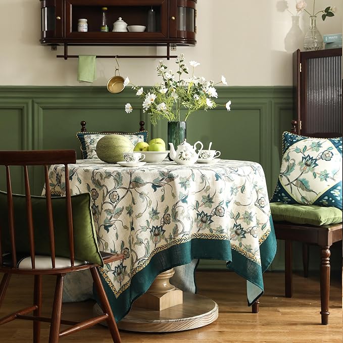 patdrea Vintage French Linen Tablecloth,Rectangular,79"x55"-Noah | Heavyweight Floral Table Cloth for Rectangle Table,Botanical Green Pattern,for Dining Room Tea Party Thanksgiving