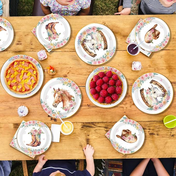 200Pcs Western Horse Party Supplies Cowgirl Theme Plates and Napkins Pink Floral Horse Disposable Paper Tableware Set for Girl Birthday Baby Shower Rodeo Event Bachelor Party Decor Serves 50