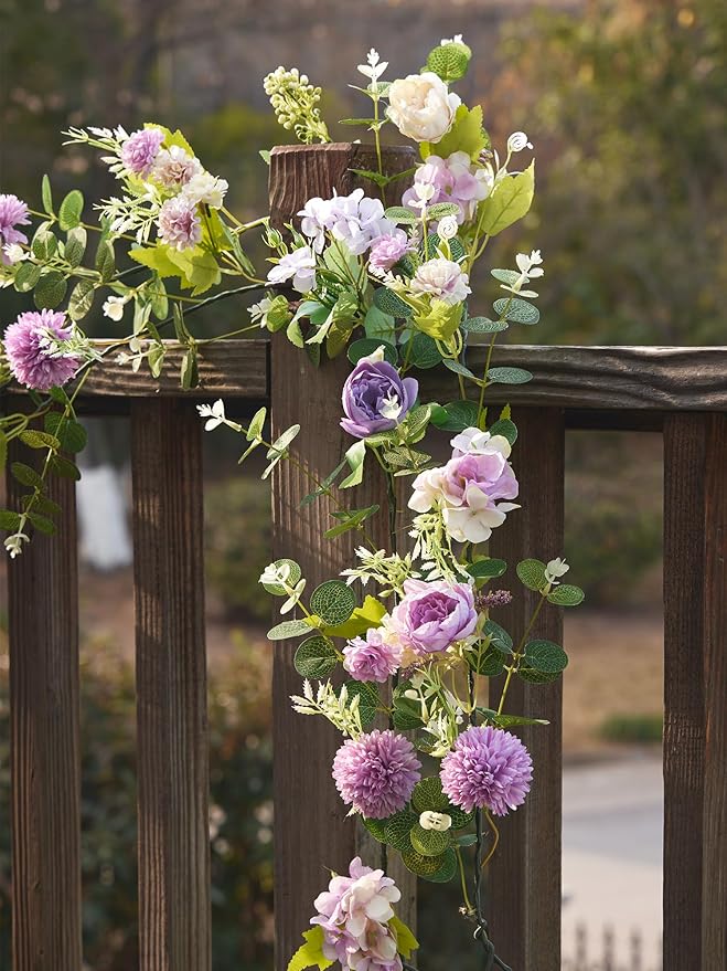 MISSPIN 5.9Ft Eucalyptus Garland with Flowers, Artificial Fake Flower Greenery Spring Garland for Baby Shower Wedding Mantle Table Centerpiece Spring Decor