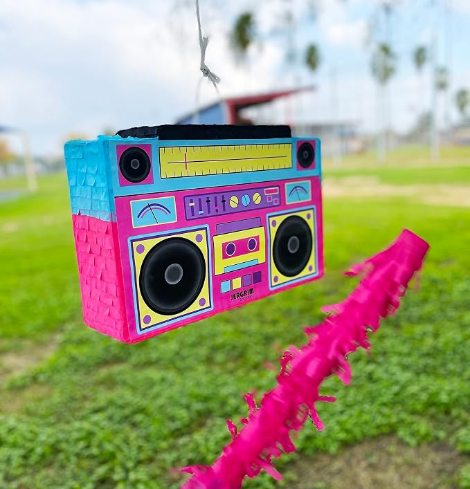 Jergrim Boombox Piñata 4-Piece Set perfect for Retro Birthday Party, Decorations, 80s Parties, Hip Hop 90s, 1980’s Radio Piñata for kids and adults (17”X10”) Durable!