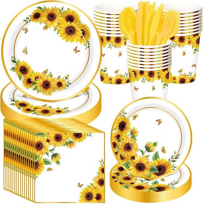 Funnymoom 400 Pcs Sunflower Party Supplies for 50 Guests Disposable Plates Napkins Cups Spoons Forks Knives for Birthday Wedding Bridal Shower Baby Shower Decorations(Yellow, Sunflower)